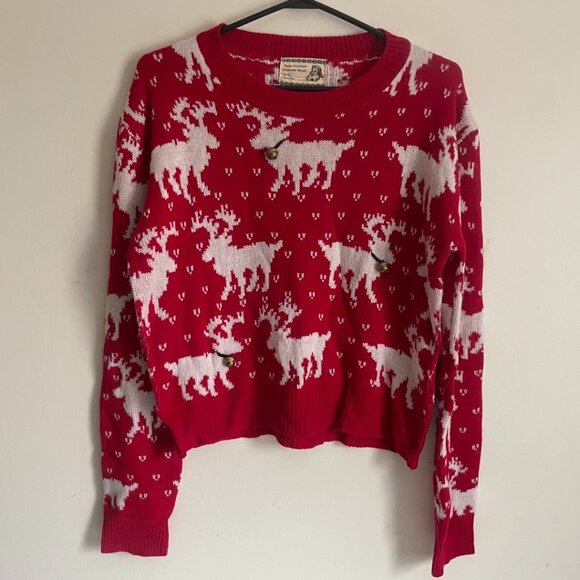 Red Reindeer Knit Holiday Sweater – With Jingle Bells - Picture 1 of 7